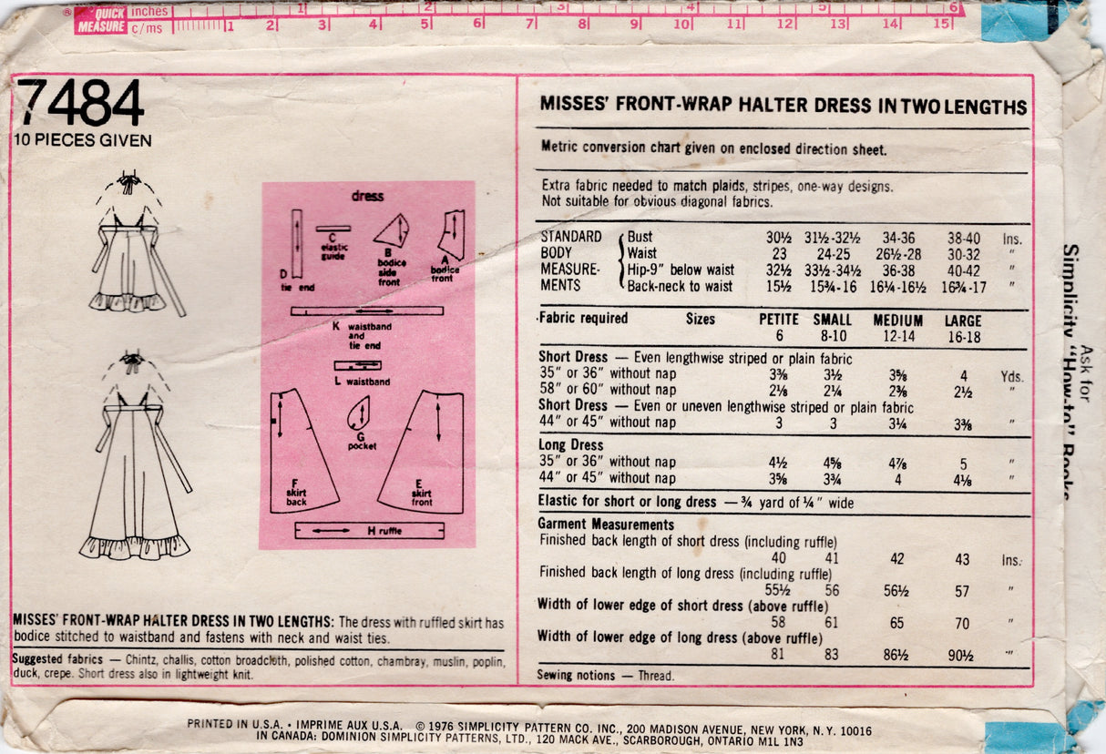 1970's Simplicity Front Wrap Halter Dress Pattern - Bust 34-36" - No. 7484