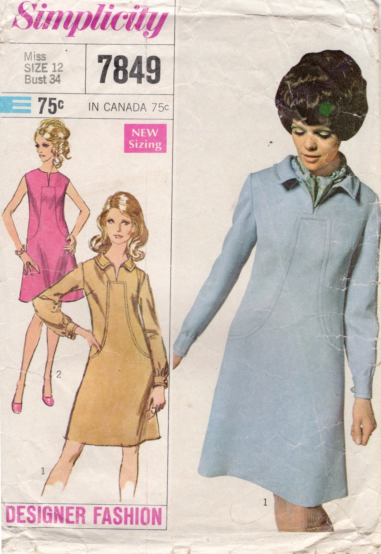 1960's Simplicity A-Line Dress with Front Accent - Bust 34" - No. 7849