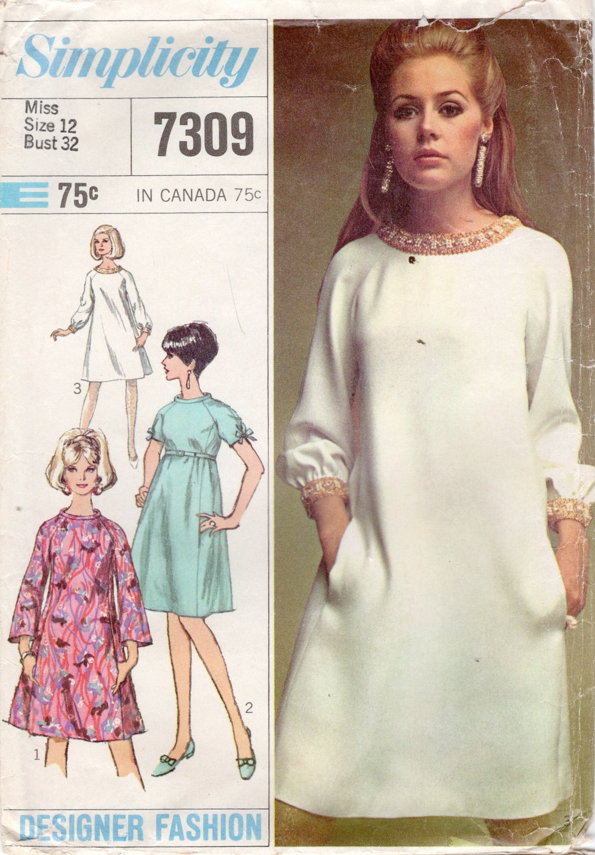 1960's Simplicity Designer Fashion Dress Pattern with Raglan Sleeves – Bust 32” - No. 7309