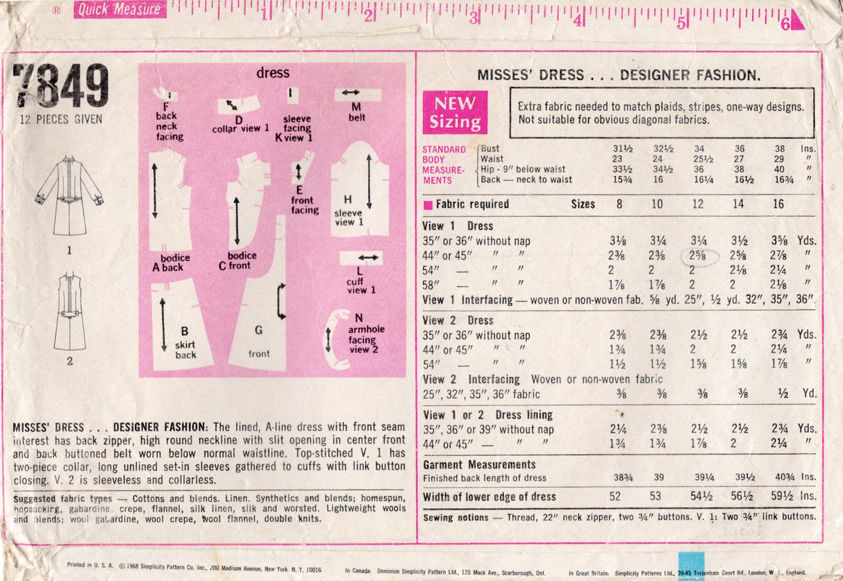 1960's Simplicity A-Line Dress with Front Accent - Bust 34" - No. 7849