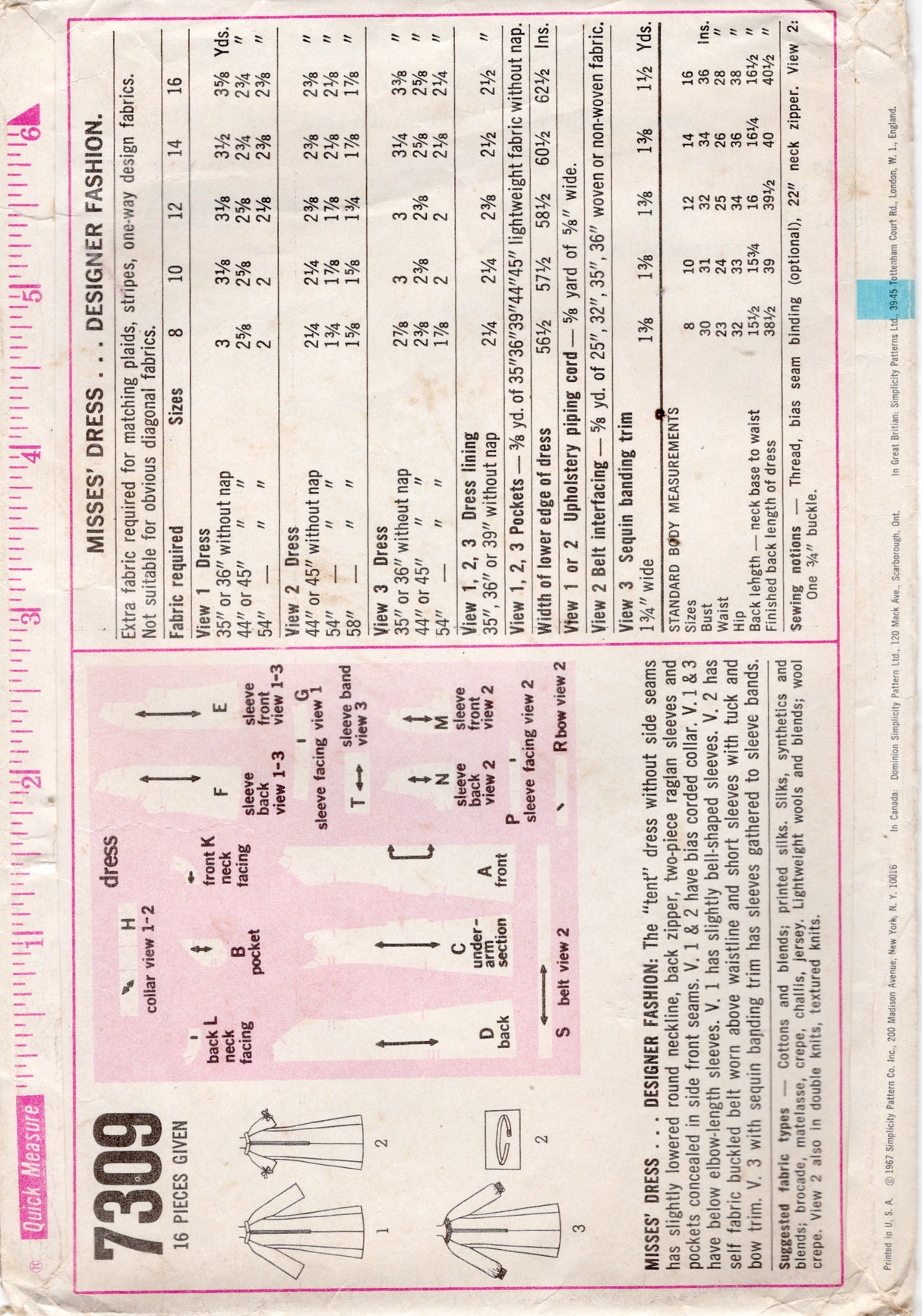 1960's Simplicity Designer Fashion Dress Pattern with Raglan Sleeves – Bust 32” - No. 7309