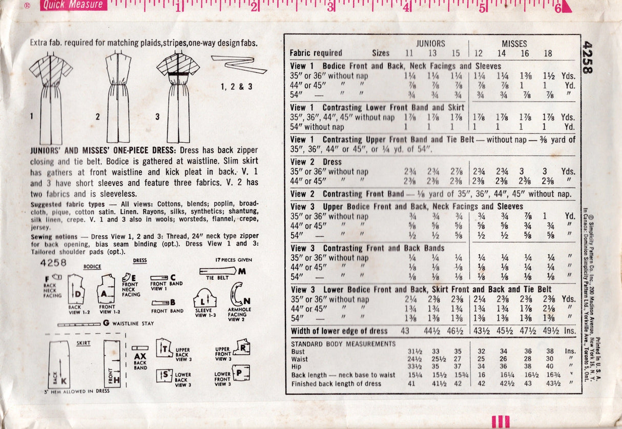 1960’s Simplicity One Piece Dress Pattern – Bust 31.5” - No. 4258