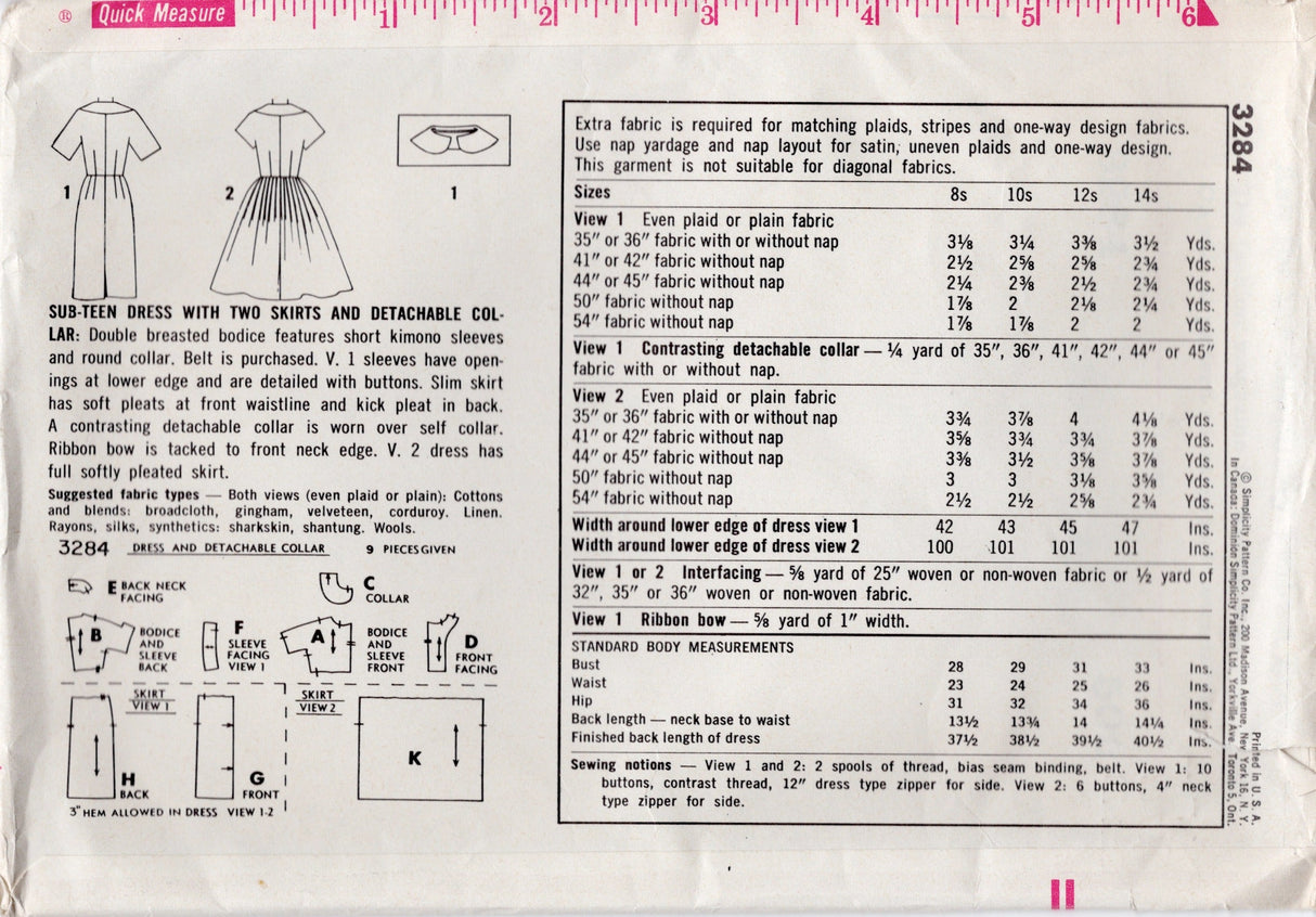 1960’s Simplicity Sub-Teen Shirtwaist Dress Pattern and Detachable Collar – Bust 28” - No. 3284