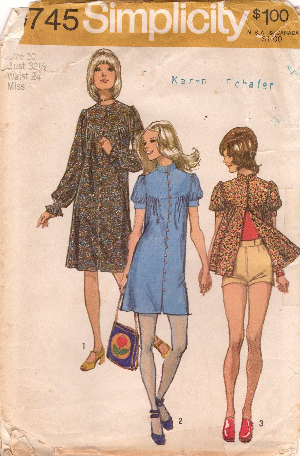 1970's Simplicity Smock Dress in 3 Lengths and Short Shorts Pattern - Bust 32.5" - No. 9745