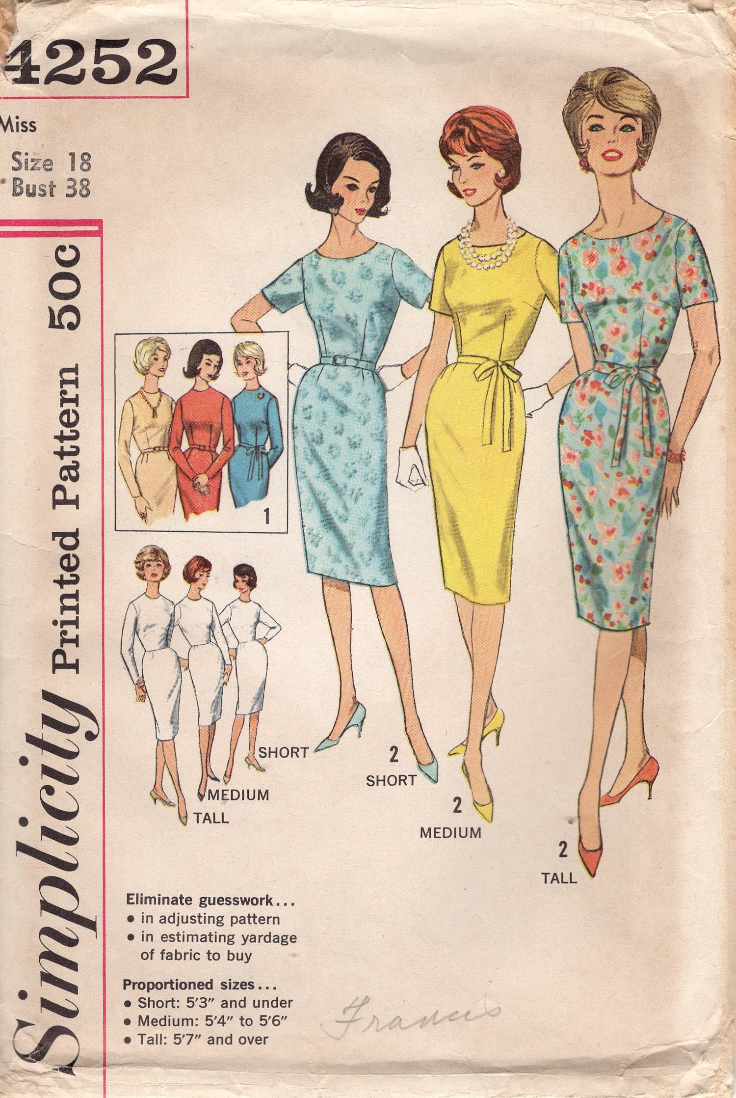 1960's Simplicity Sheath Dress Pattern in Proportioned sizing - Bust 38" - No. 4252