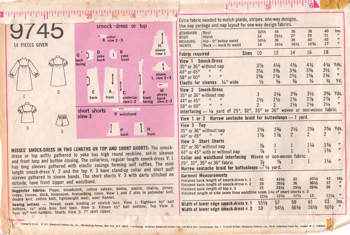 1970's Simplicity Smock Dress in 3 Lengths and Short Shorts Pattern - Bust 32.5" - No. 9745