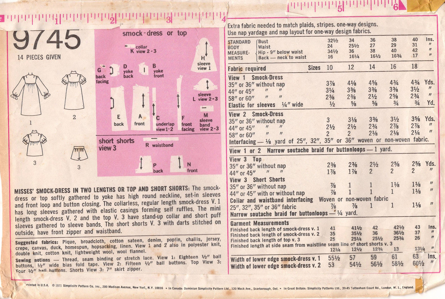 1970's Simplicity Smock Dress in 3 Lengths and Short Shorts Pattern - Bust 32.5" - No. 9745