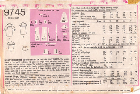 1970's Simplicity Smock Dress in 3 Lengths and Short Shorts Pattern - Bust 32.5" - No. 9745