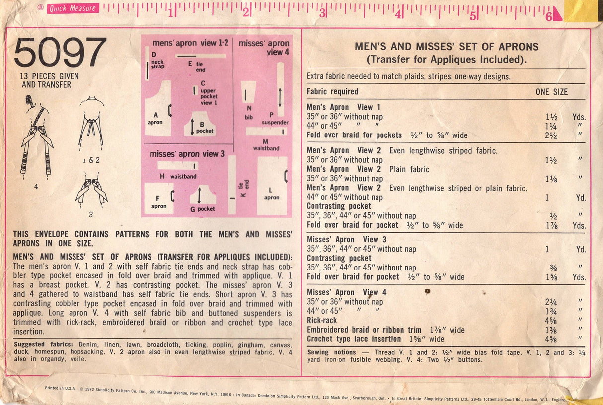 1970's Simplicity Full or Half Apron pattern - One Size - No. 5097