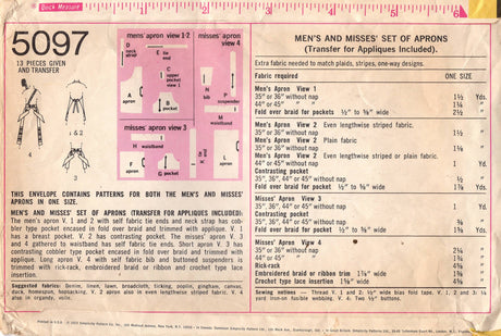 1970's Simplicity Full or Half Apron pattern - One Size - No. 5097