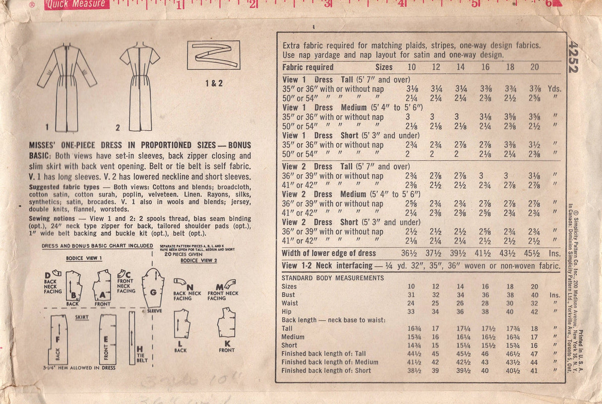 1960's Simplicity Sheath Dress Pattern in Proportioned sizing - Bust 38" - No. 4252