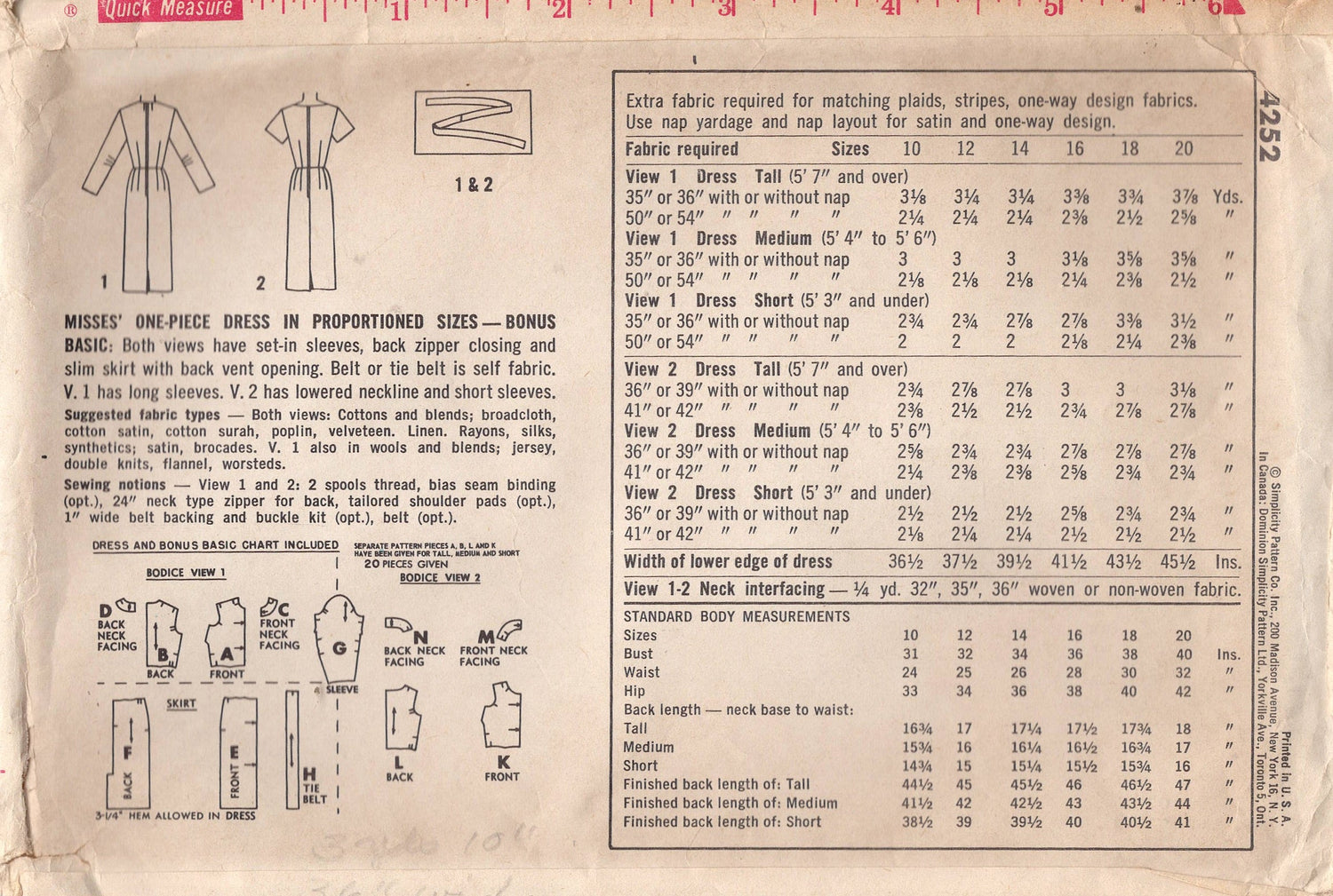 1960's Simplicity Sheath Dress Pattern in Proportioned sizing - Bust 38" - No. 4252