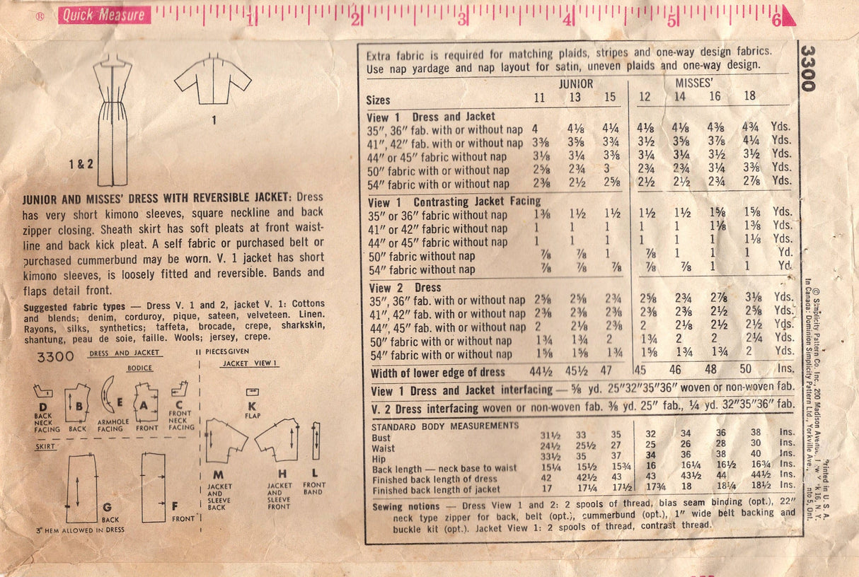 1960's Simplicity Sheath Dress and Reversible Jacket Pattern - Bust 38" - No. 3300