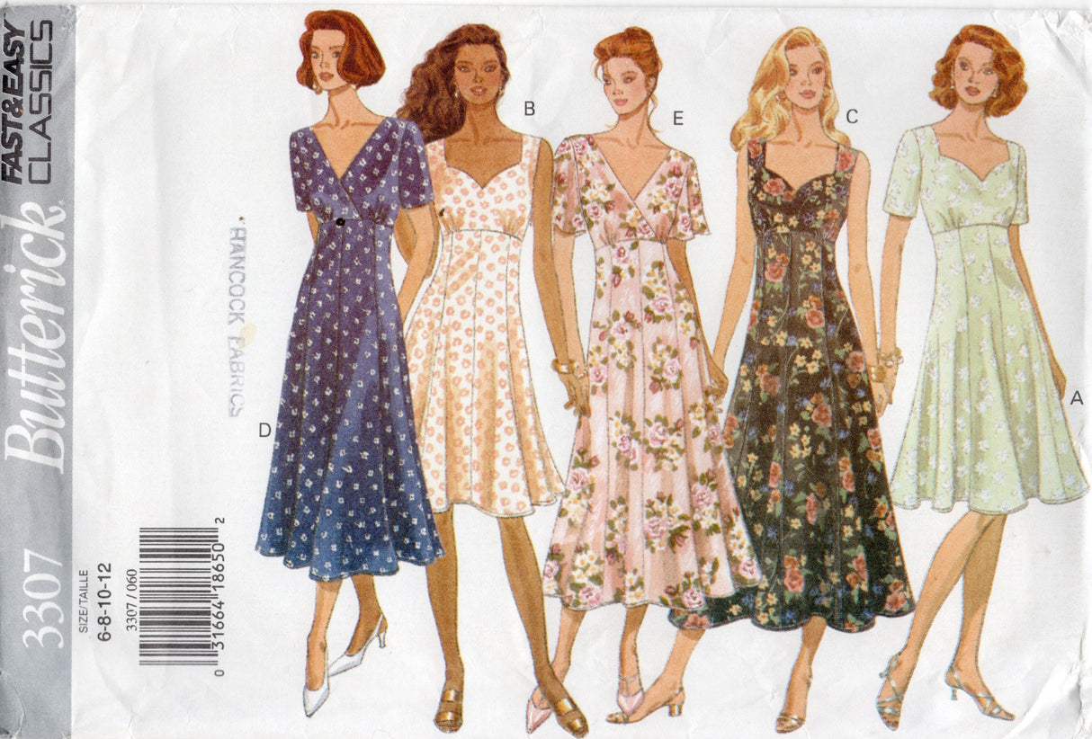 1990's Butterick Midi or Tea Length Dress Pattern with Surplice or Sweetheart Bodice - Bust 30.5-34" - No. 3307