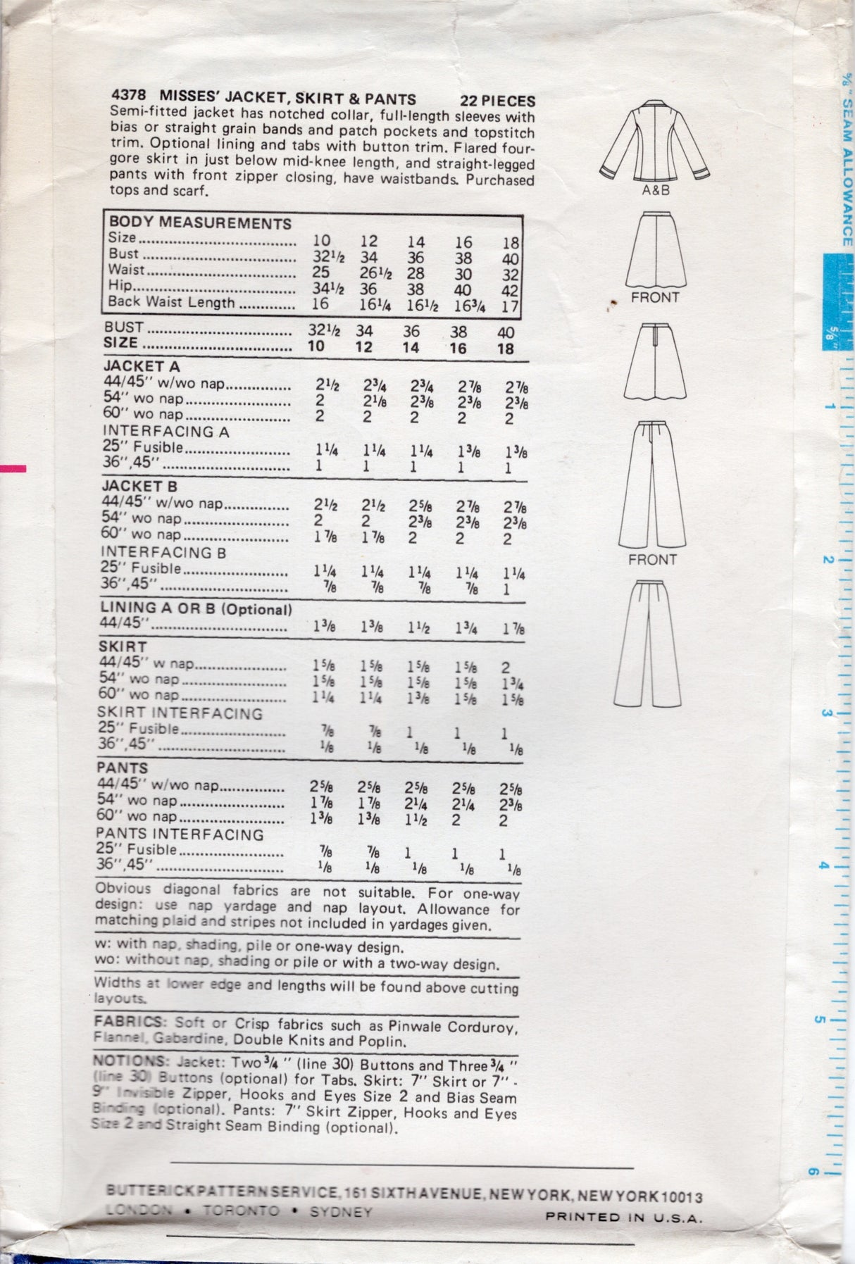 1970's Butterick Unlined Jacket with Patch pockets, Flared Skirt and Pants Pattern - Bust 38" - No. 4378
