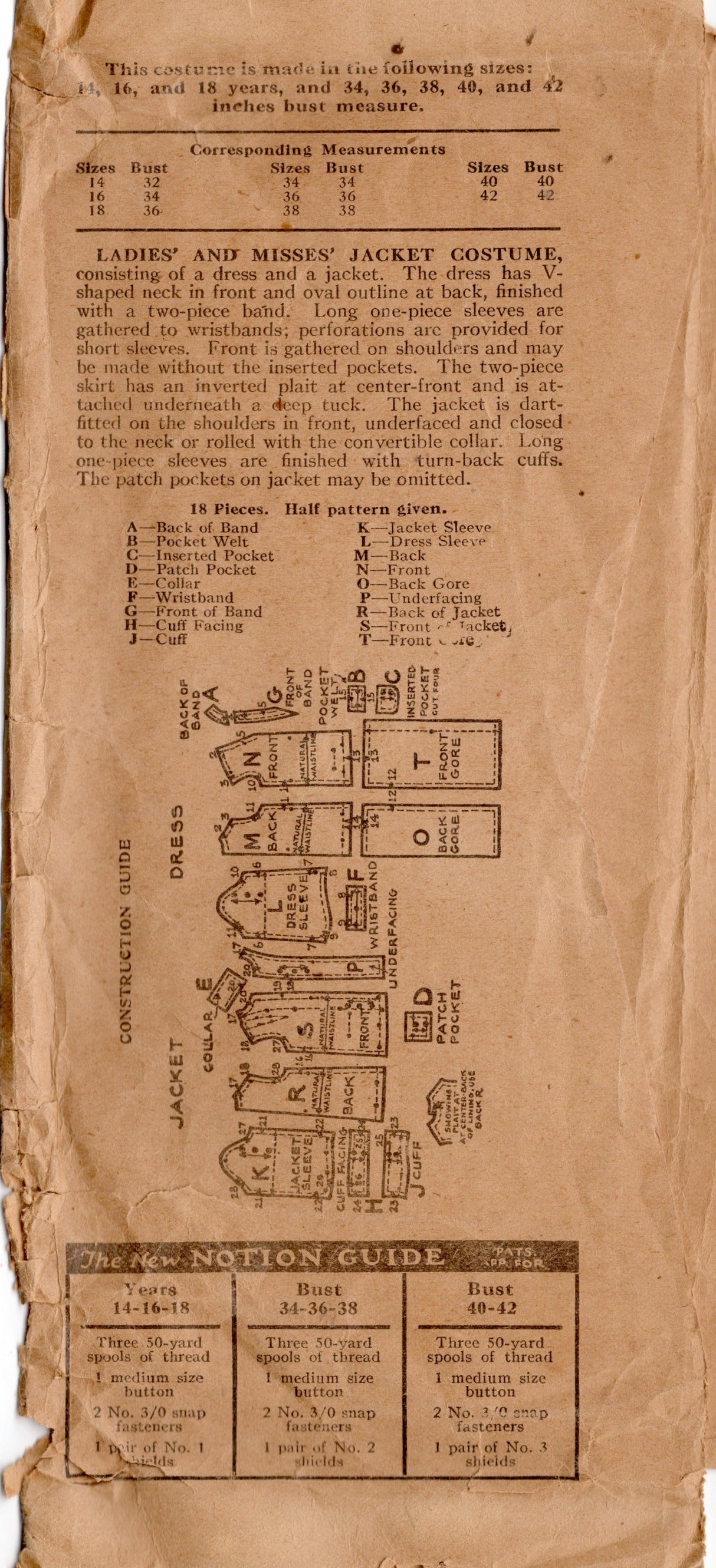 1920's Pictorial Pullover Dress with Drop Waist, and Jacket Pattern - Bust 34" - No. 3323