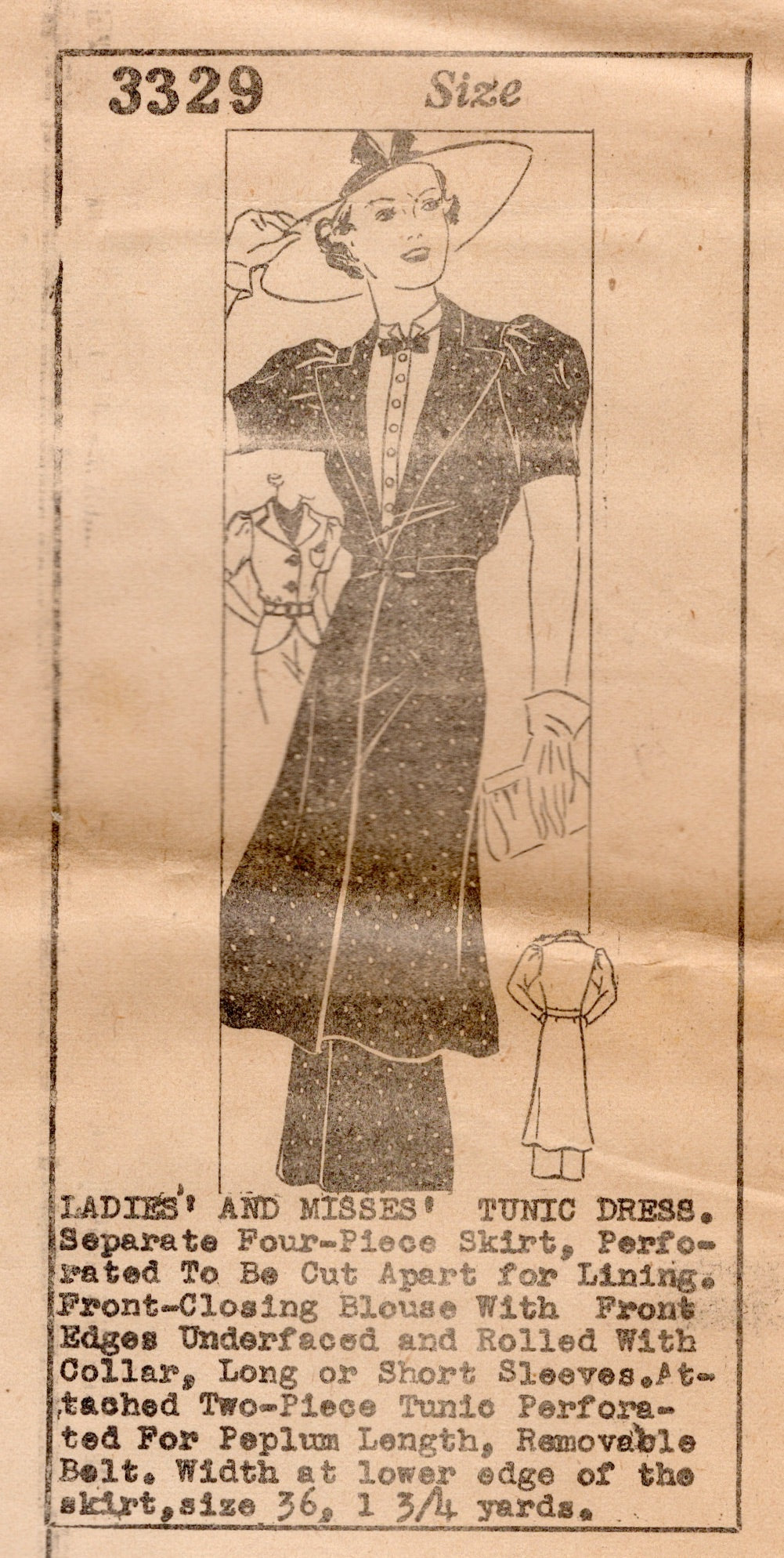1930's Mail Order Jacket or Tunic and Straight Line Skirt Pattern - Bust 34" - No. 3329