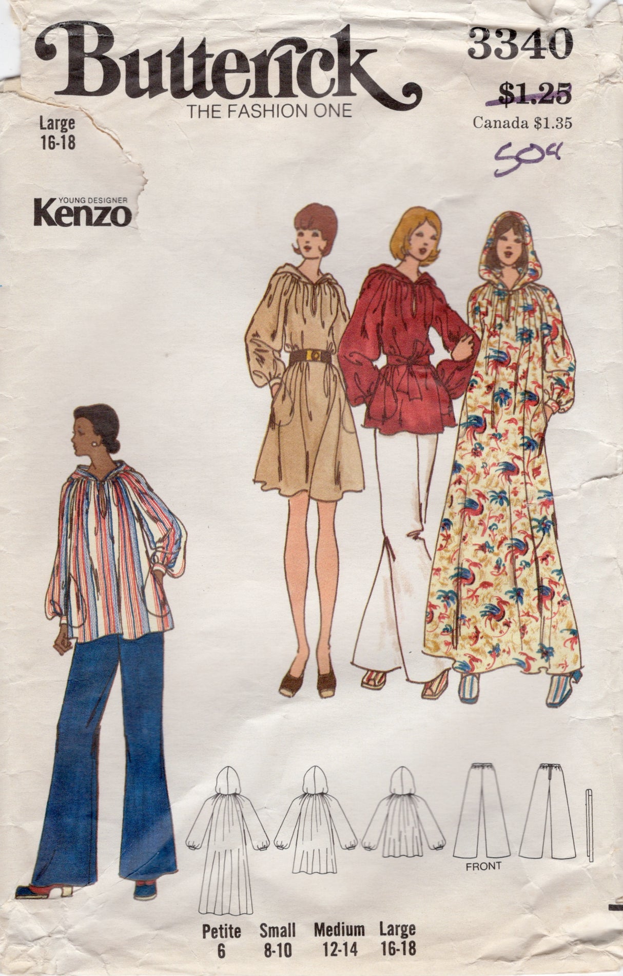 1970's Butterick by KENZO Pullover Top or Dress in Two Lengths and Pants Pattern - Bust 38-40" - No. 3340