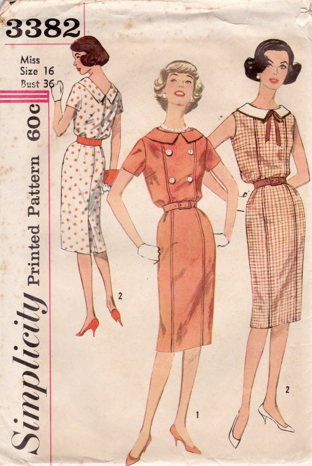 1960's Simplicity One Piece Dress with Detachable Collar - Bust 36" - No. 3382