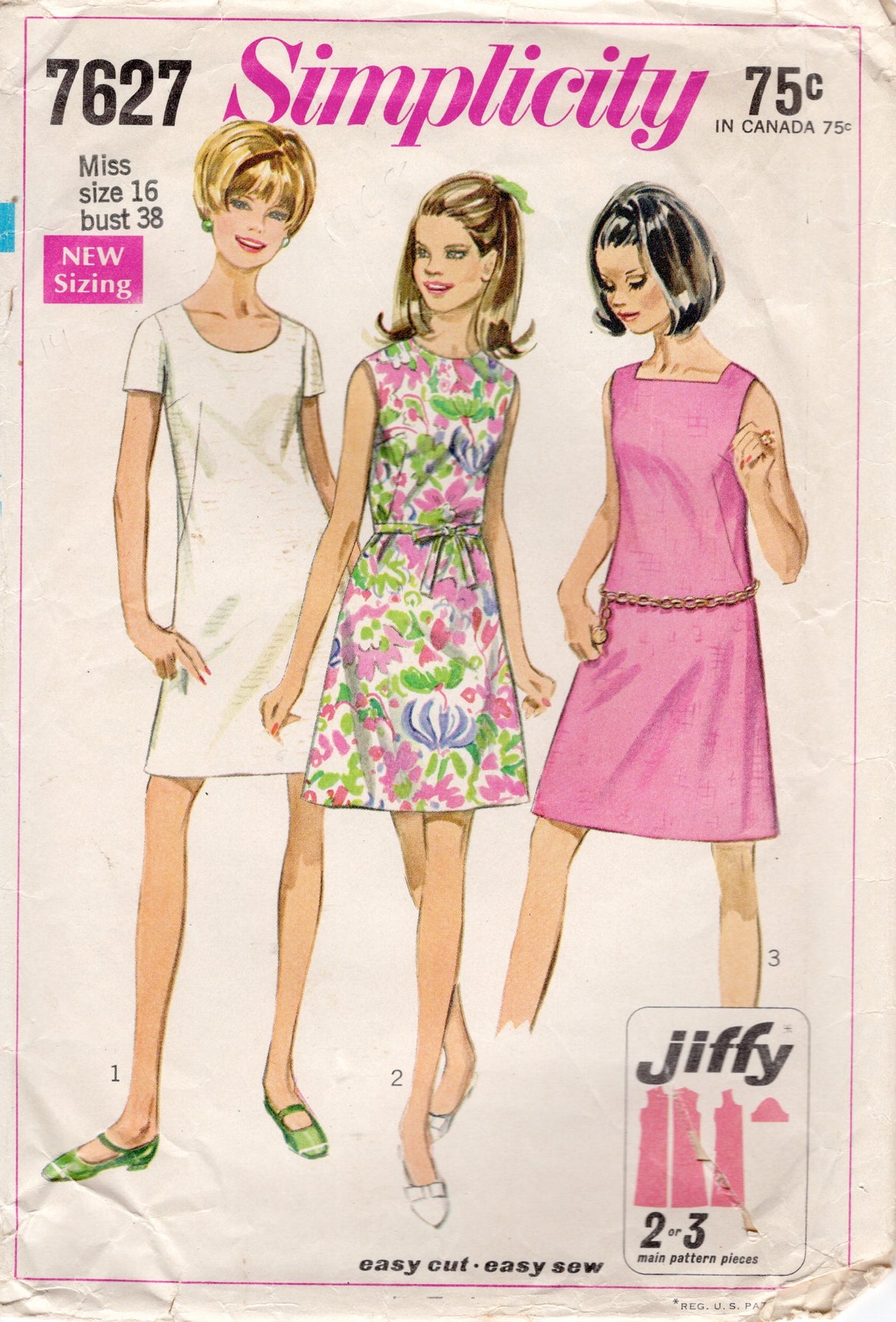 1960's Simplicity Jiffy Dress Pattern - Bust 38" - No. 7627