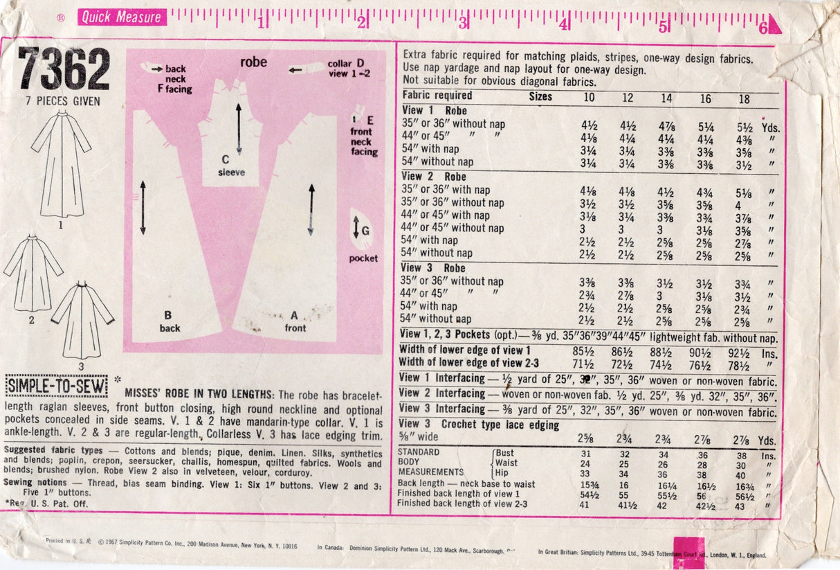 1960's Simplicity Robe Pattern - Bust 36" - No. 7362
