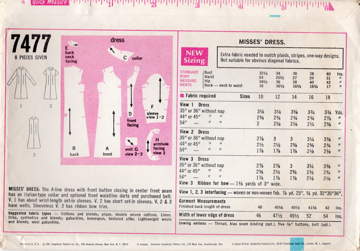 1960's Simplicity Shirtwaist Sheath Dress Pattern - Bust 36" - No. 7477