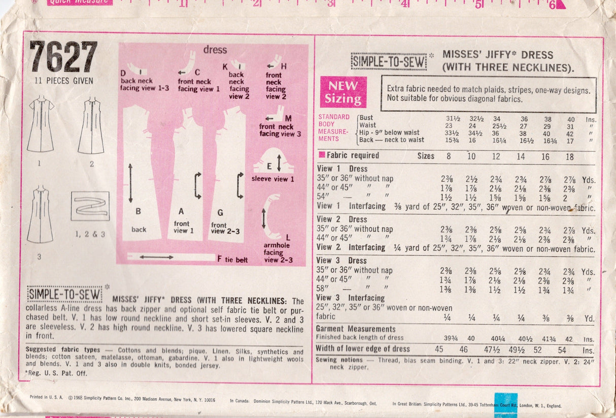 1960's Simplicity Jiffy Dress Pattern - Bust 38" - No. 7627