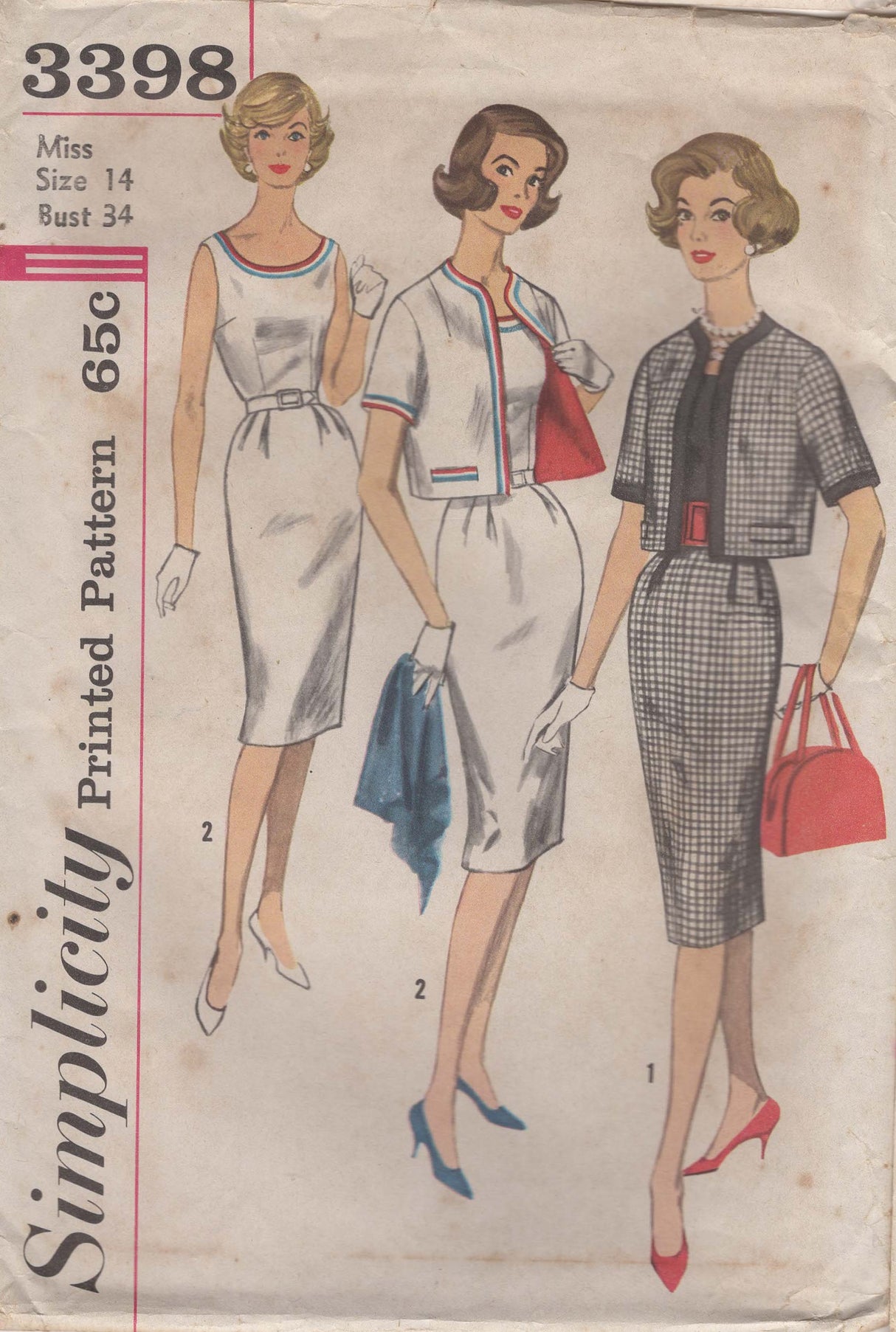 1960's Simplicity Sheath Dress and Bolero Jacket - Bust 34" - No. 3398