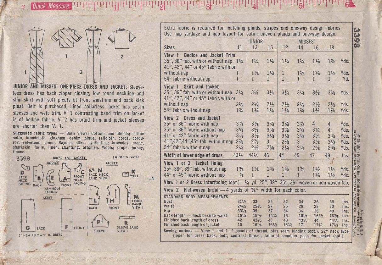 1960's Simplicity Sheath Dress and Bolero Jacket - Bust 34" - No. 3398