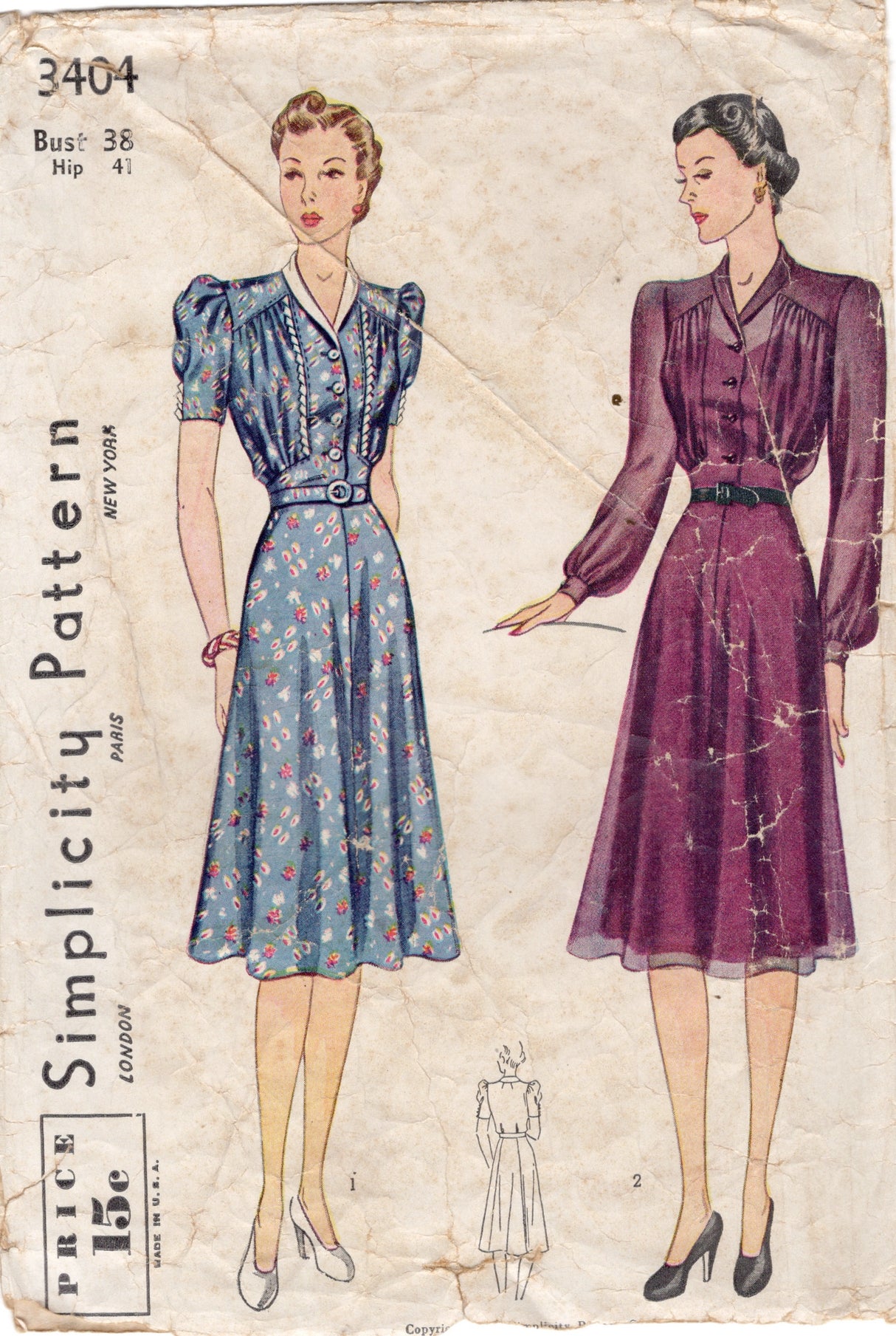1940’s Simplicity Shirtwaist Dress with Gathered Bodice Panels Pattern - Bust 38” - No. 3404