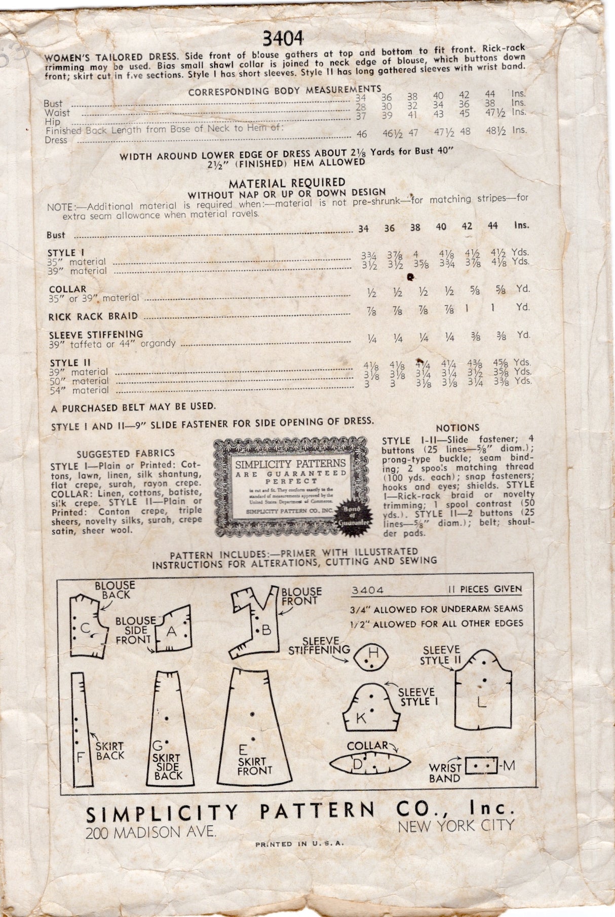 1940’s Simplicity Shirtwaist Dress with Gathered Bodice Panels Pattern - Bust 38” - No. 3404