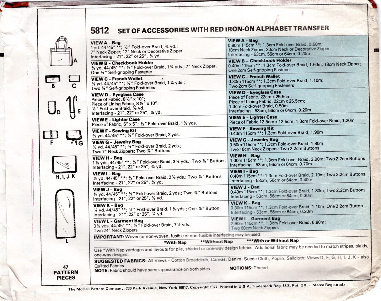 1970's McCall's Bags, Wallets, Cases, and Sewing Kit Pattern - OS - No. 5812