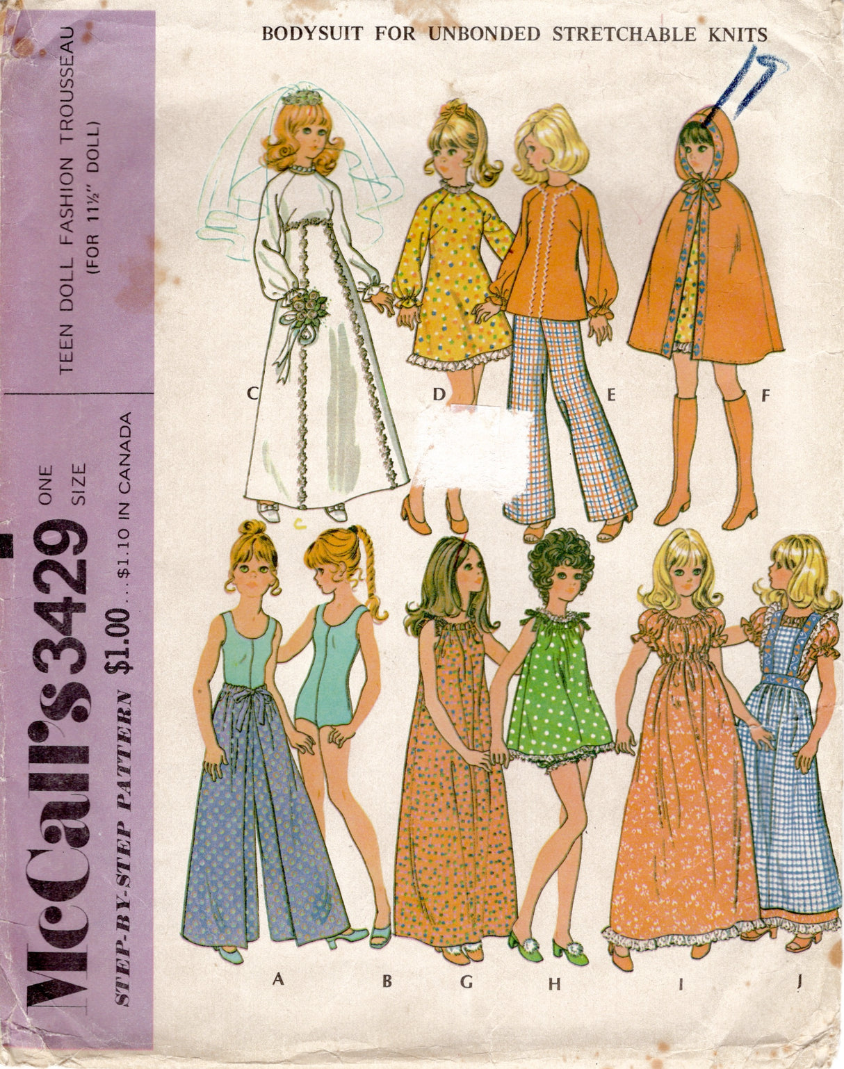 1970's McCall's Cape, Bodysuit, Peasant Dress, Wedding Dress and Pinafore Dress Doll Clothes pattern - 11.5" doll - No. 3429