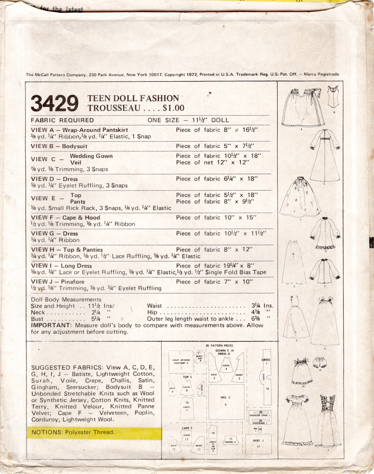 1970's McCall's Cape, Bodysuit, Peasant Dress, Wedding Dress and Pinafore Dress Doll Clothes pattern - 11.5" doll - No. 3429