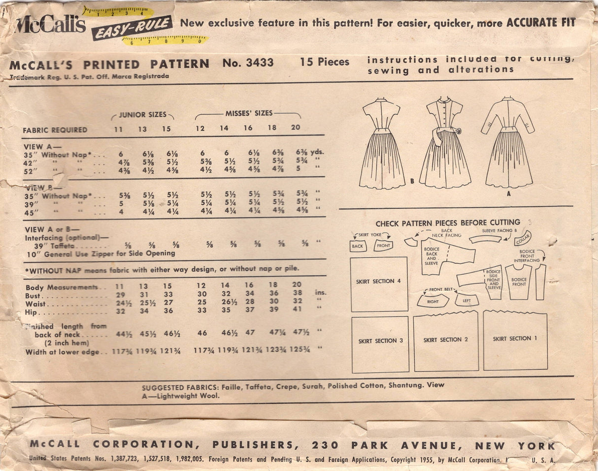 1950's McCall's One Piece Dress Pattern with Drop Neck and Low Belt - Bust 32" - No. 3433