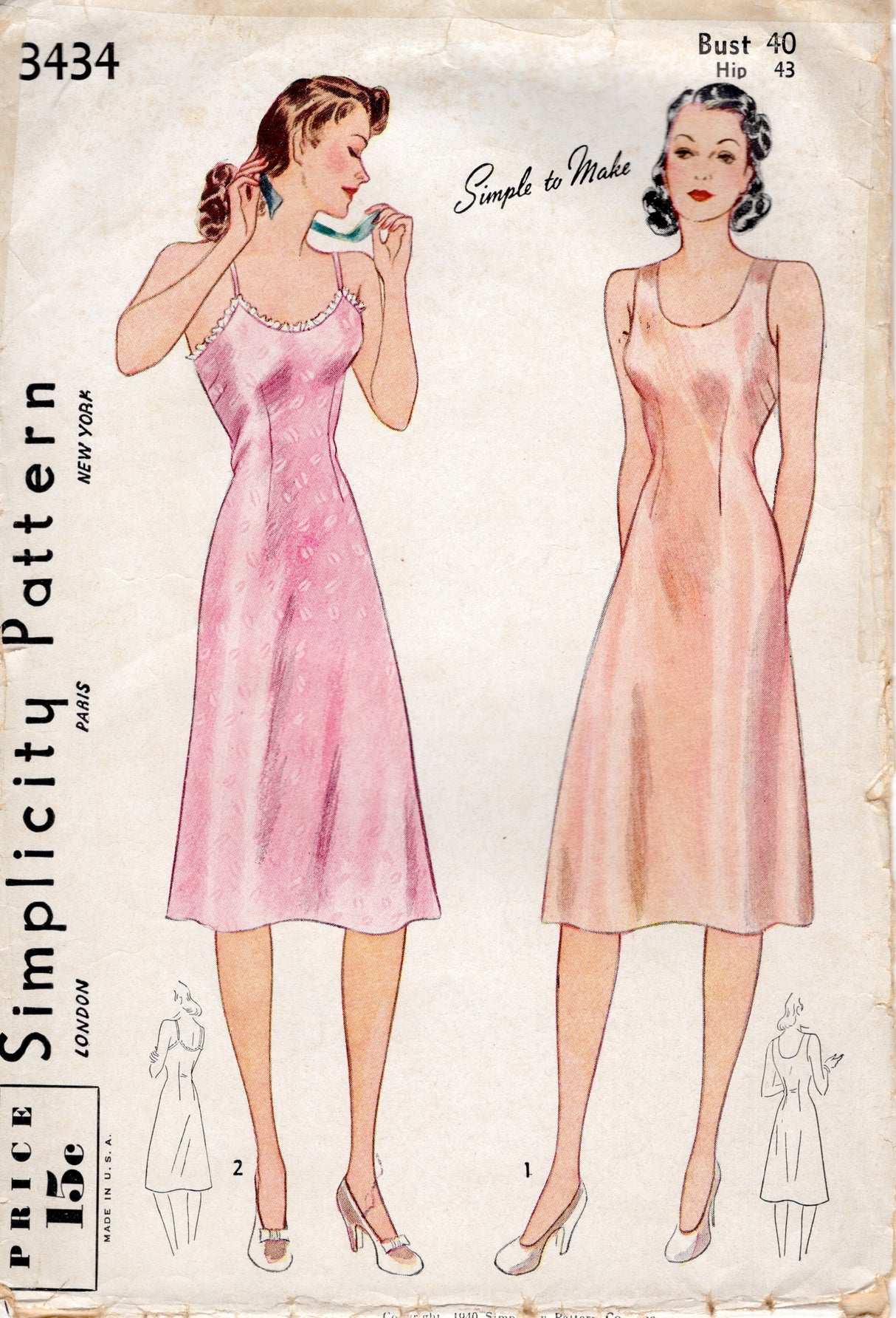 1940's Simplicity Straight Slip Pattern - Bust 40" - No. 3434