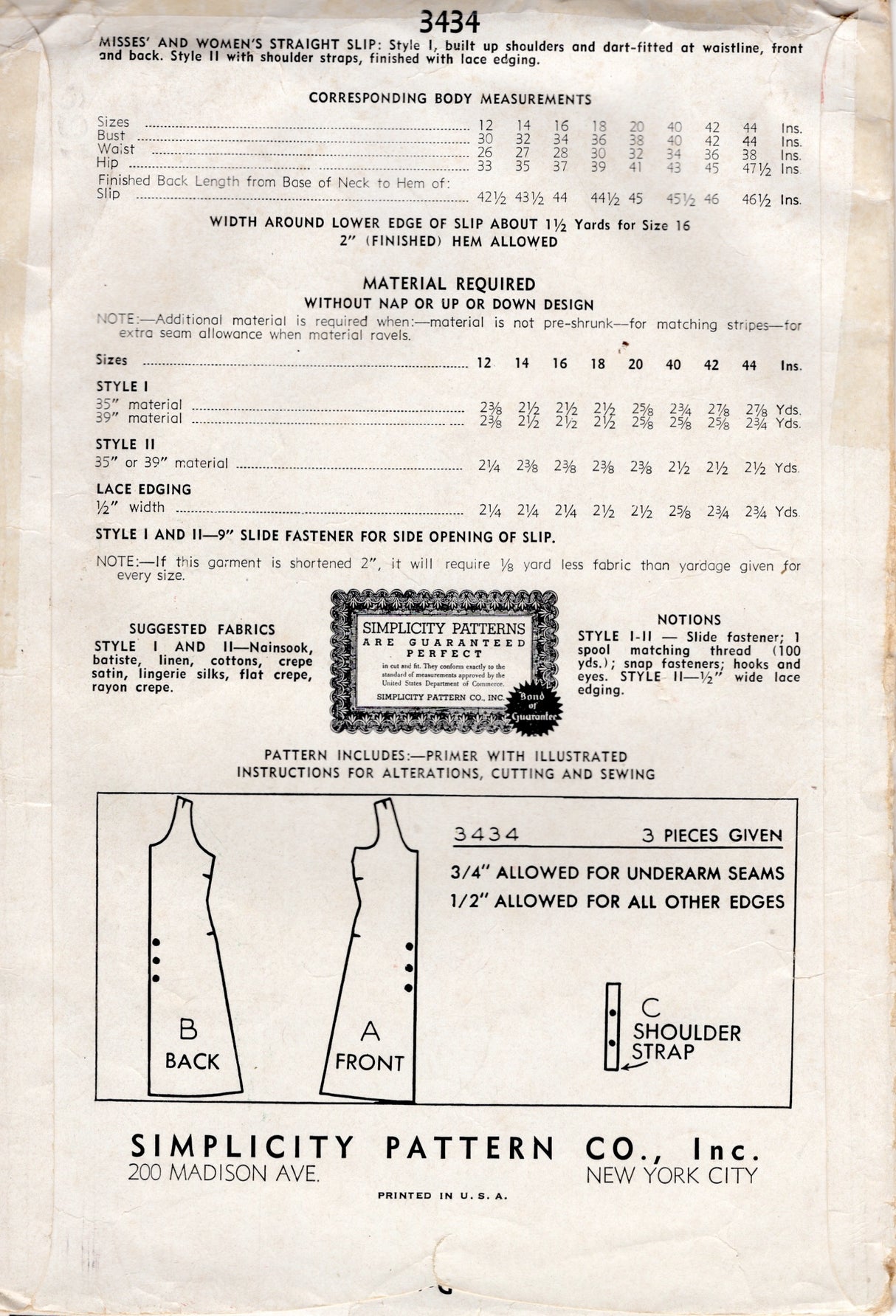 1940's Simplicity Straight Slip Pattern - Bust 40" - No. 3434