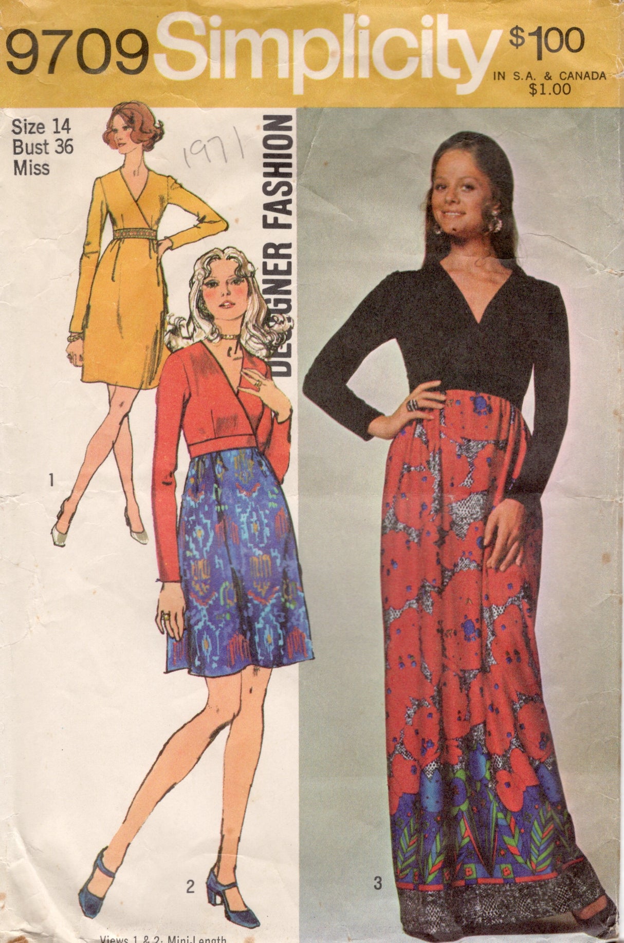 1970's Simplicity Surplice Bodice Dress pattern - Bust 36" - No. 9709