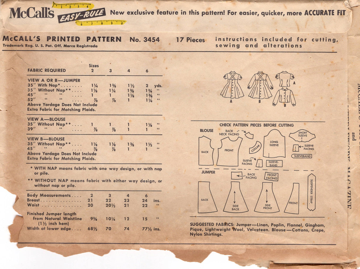 1950's McCall's Child's Blouse and Suspendered Raised Waist Skirt - Chest 21" - No. 3454