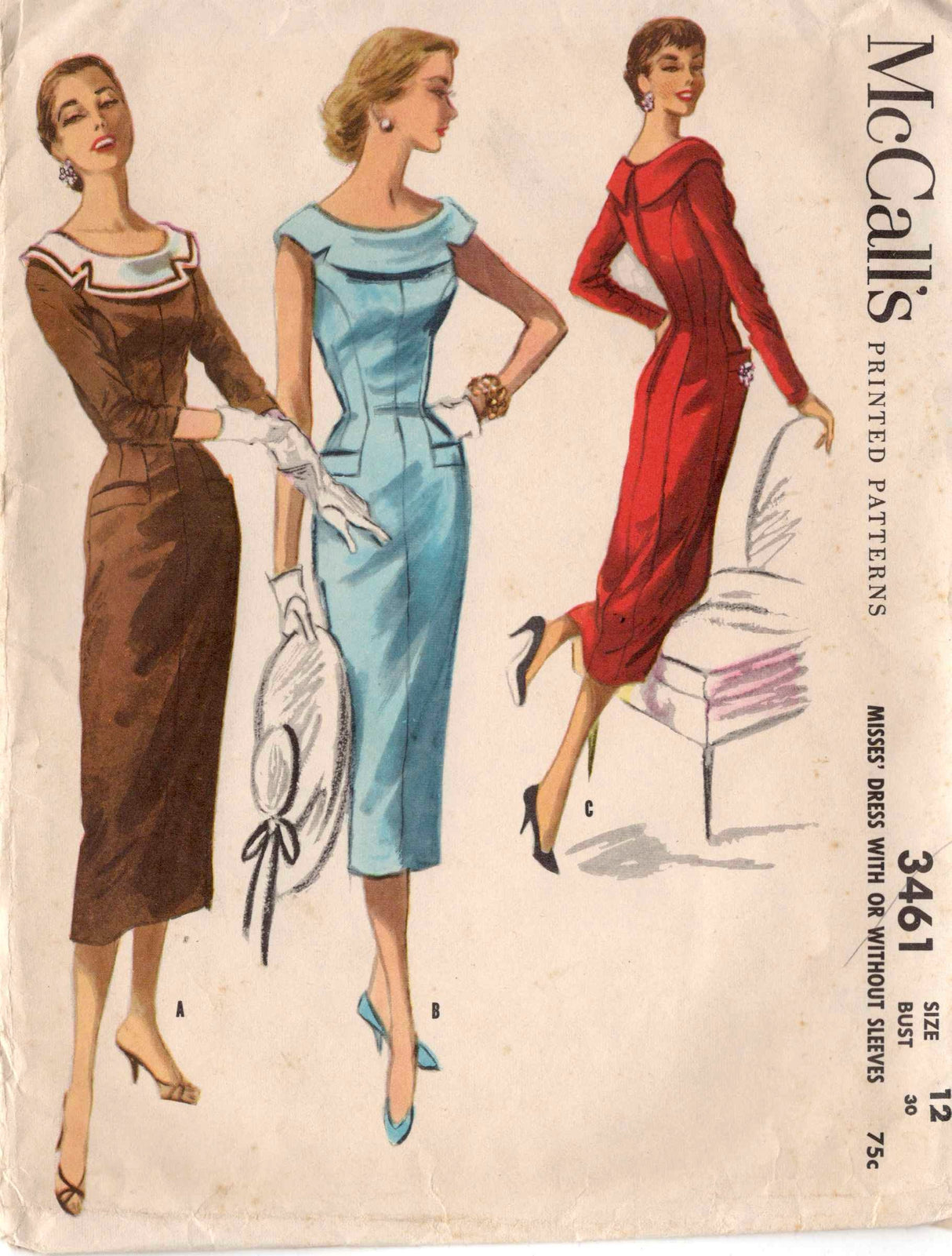 1950's McCall's Fitted Sheath Dress with large Collar - Bust 30" - No. 3461