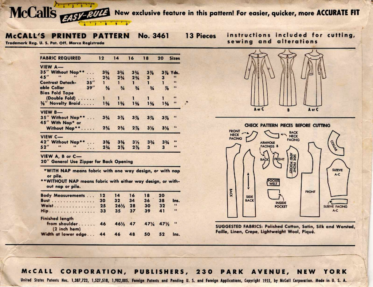 1950's McCall's Fitted Sheath Dress with large Collar - Bust 30" - No. 3461