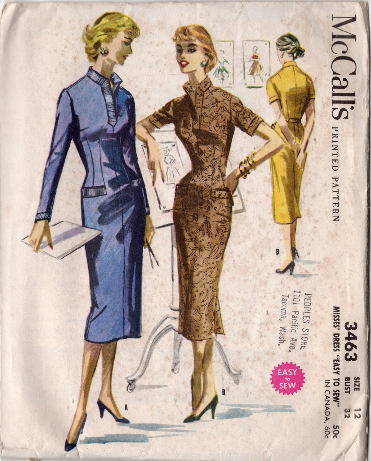 1950's McCall's Sheath Dress Pattern with Pockets and Contrast Band - Bust 32" - No. 3463