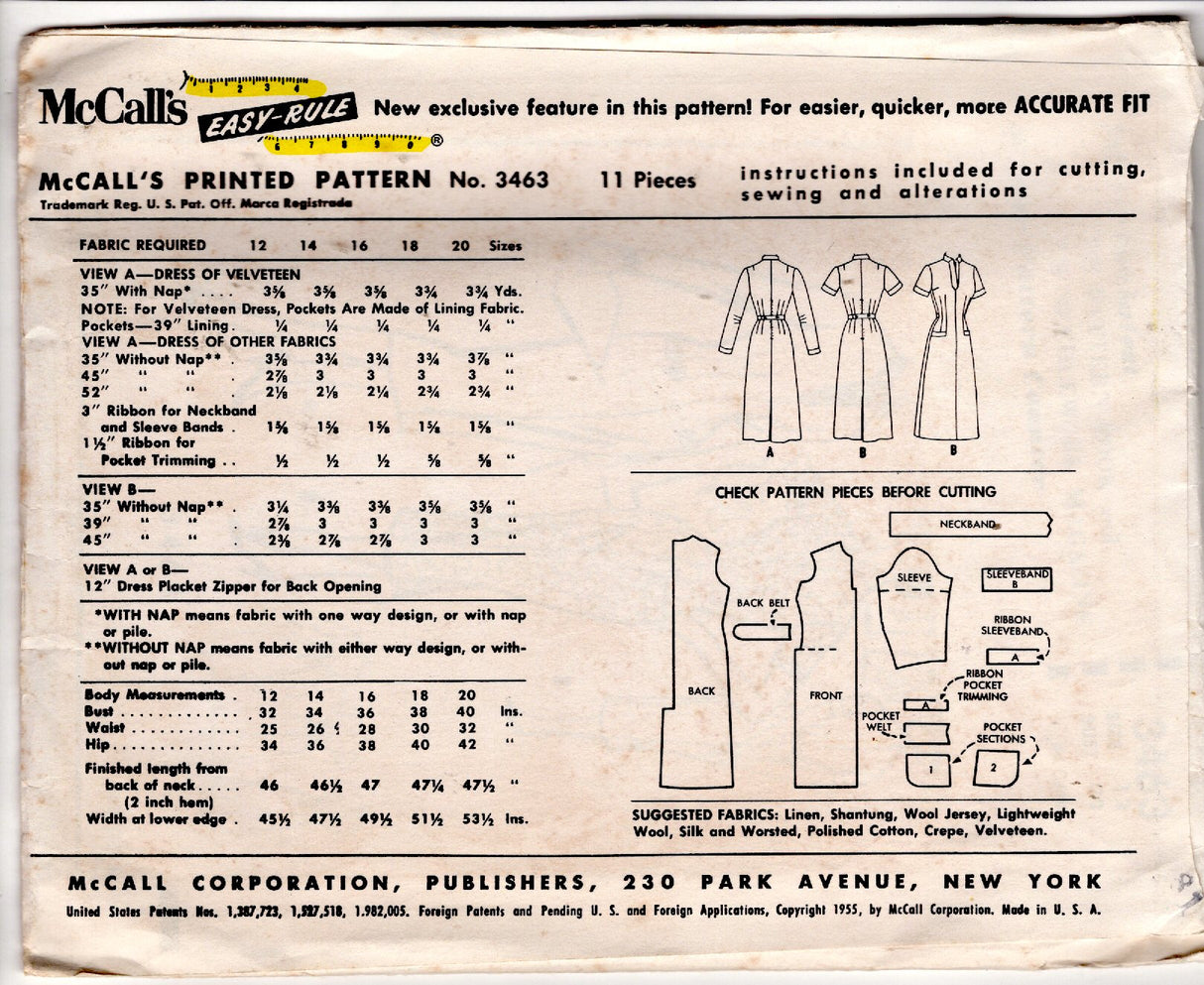 1950's McCall's Sheath Dress Pattern with Pockets and Contrast Band - Bust 32" - No. 3463