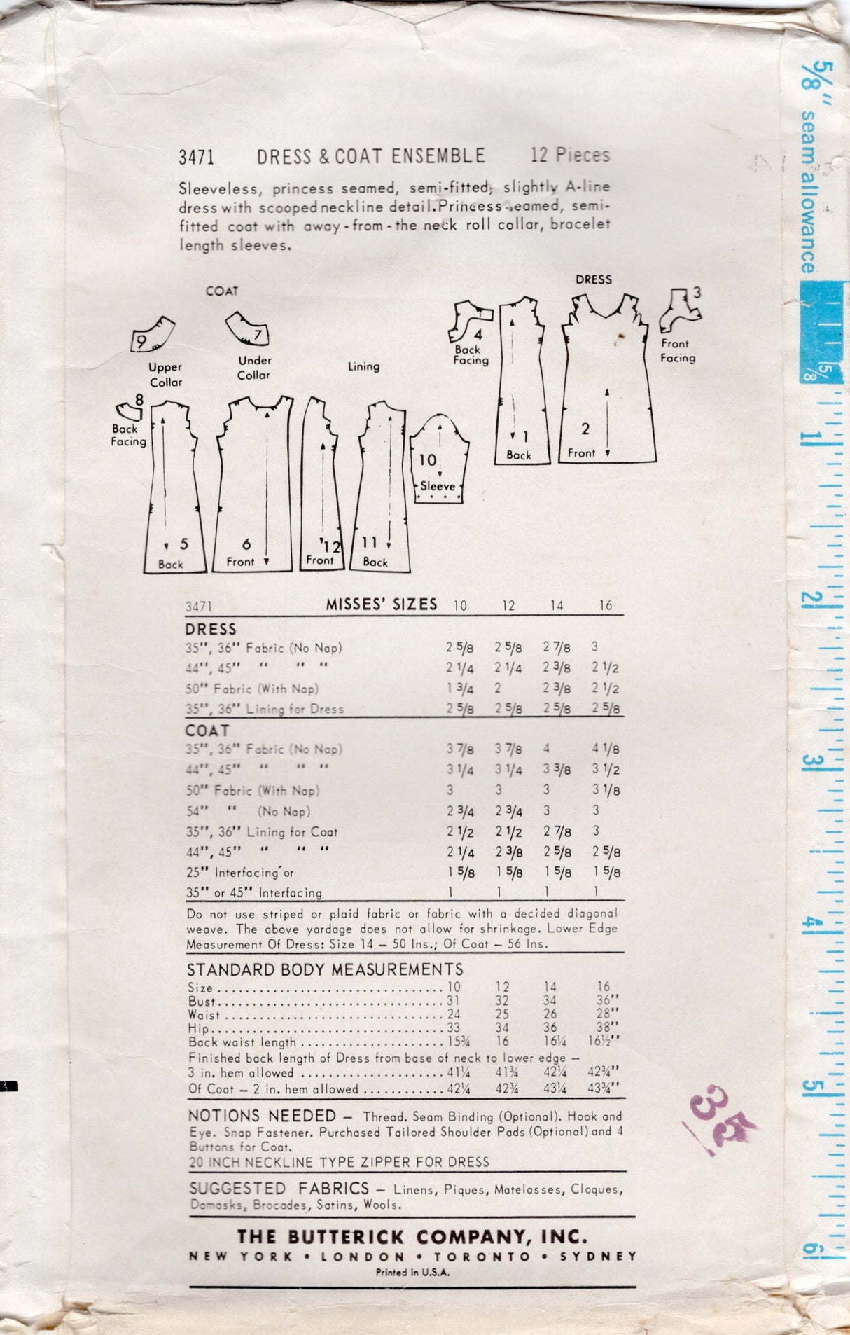 1960's Butterick Princess Line Dress and Coat Pattern - Bust 34" - No. 3471
