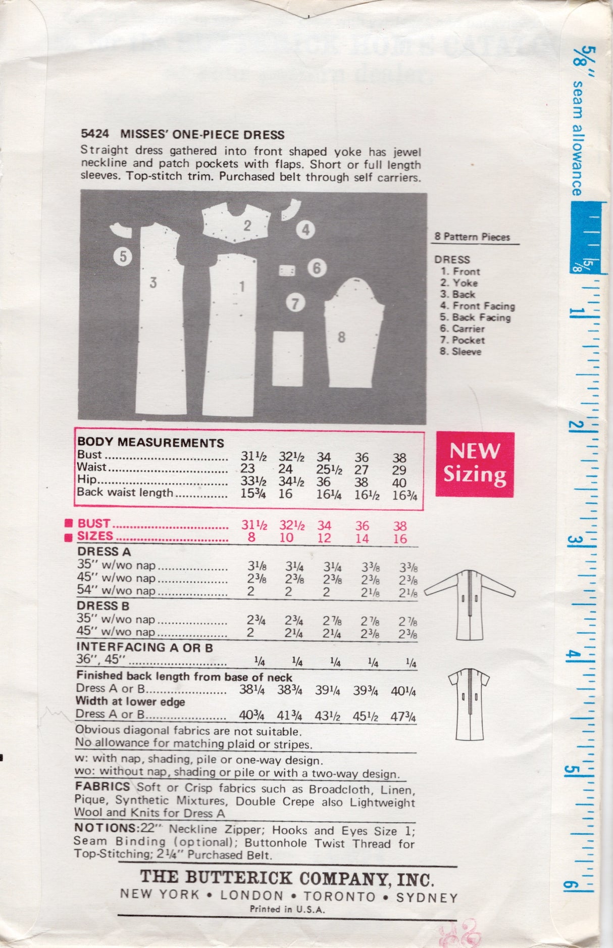 1960’s Butterick Yoked Shift Dress Pattern - Bust 36" - No. 5424