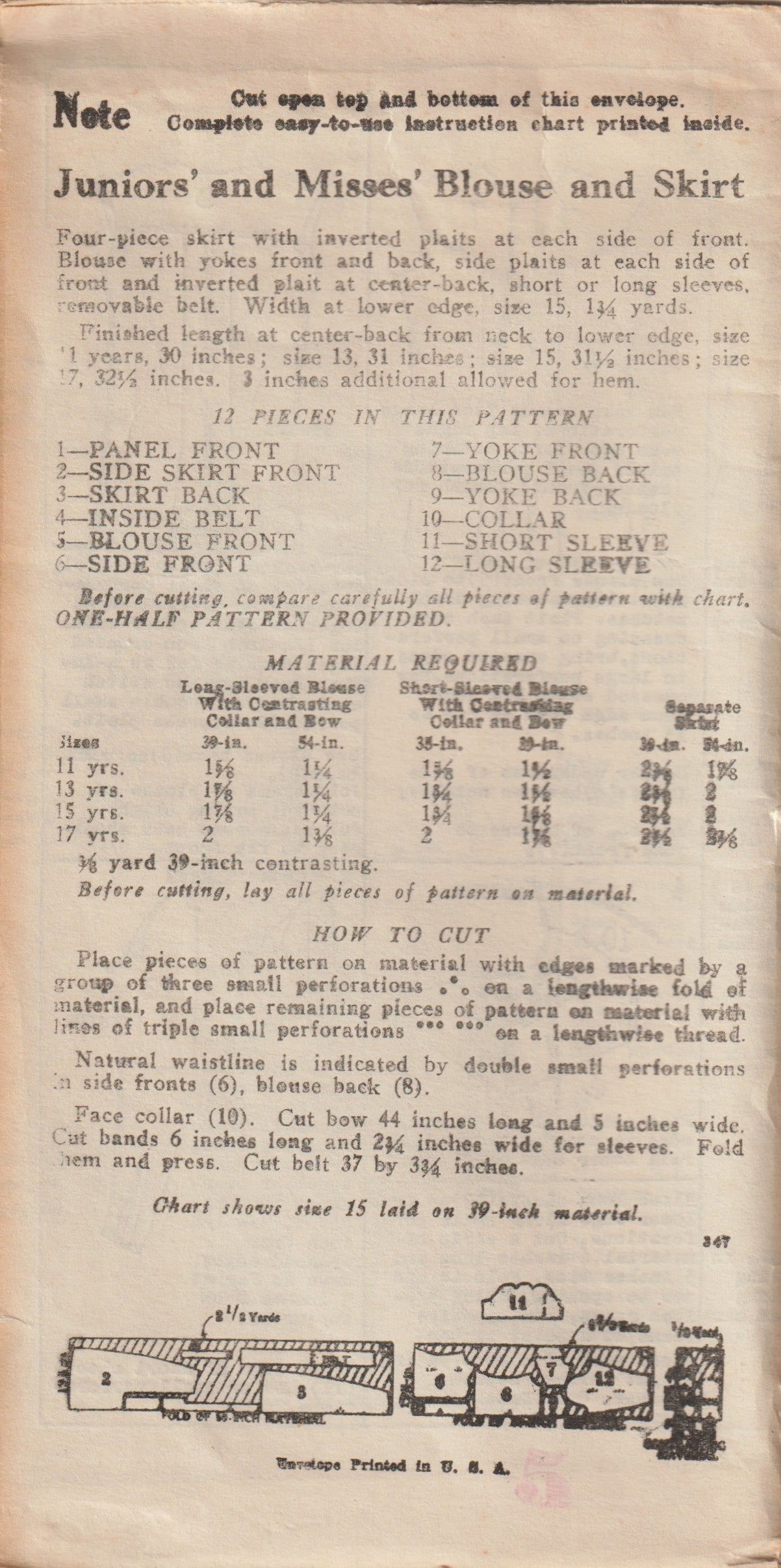 1930's New York Yoked Blouse and Slim Skirt Pattern - Bust 29" - No. 347