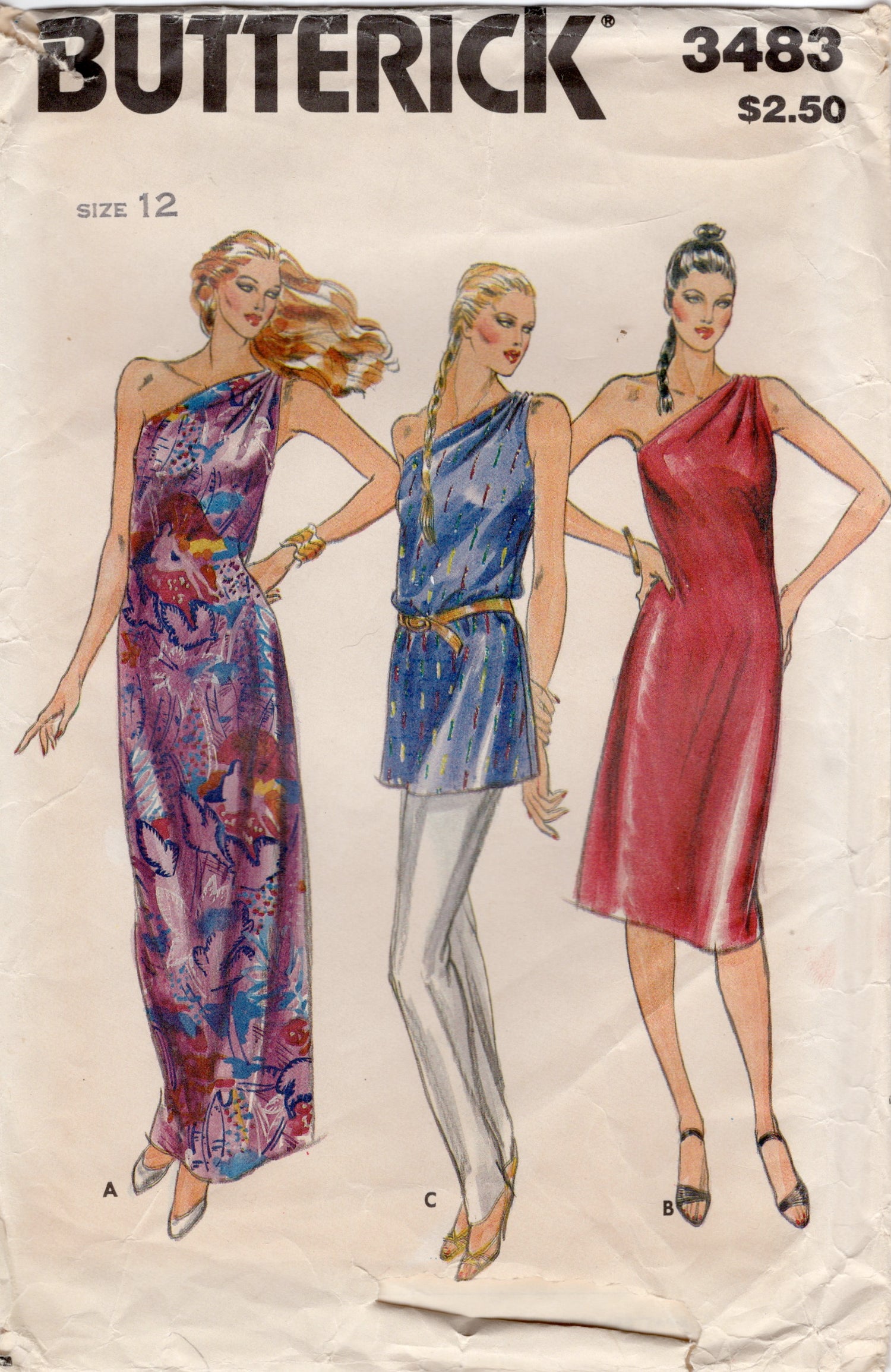 1980's Butterick One Shoulder Dress or Tunic Pattern - Bust 34" - No. 3483