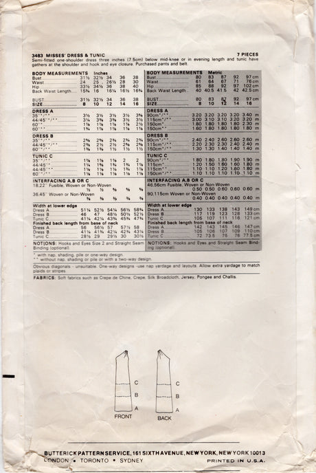 1980's Butterick One Shoulder Dress or Tunic Pattern - Bust 34" - No. 3483