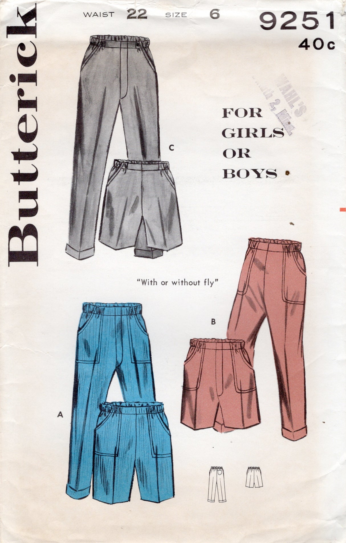 1960's Butterick Child's Pants or Shorts Pattern - Waist 22" - No. 9251