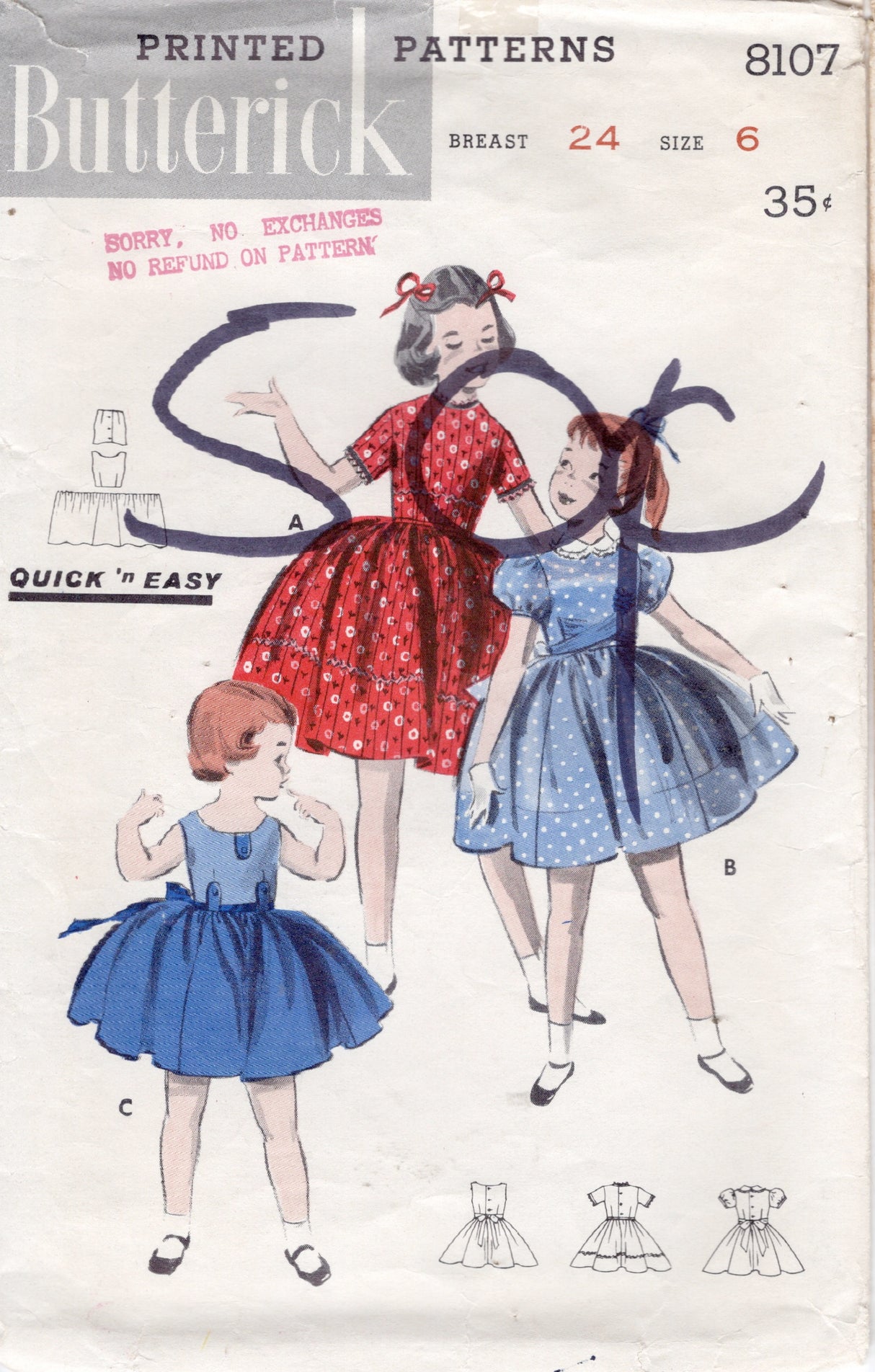 1950's Butterick Child's Fit and Flare Dress Pattern - Chest 24" - No. 8107